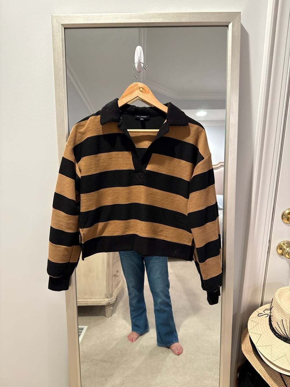 blu pepper Striped Ribbed Knit Crop Polo Sweater
